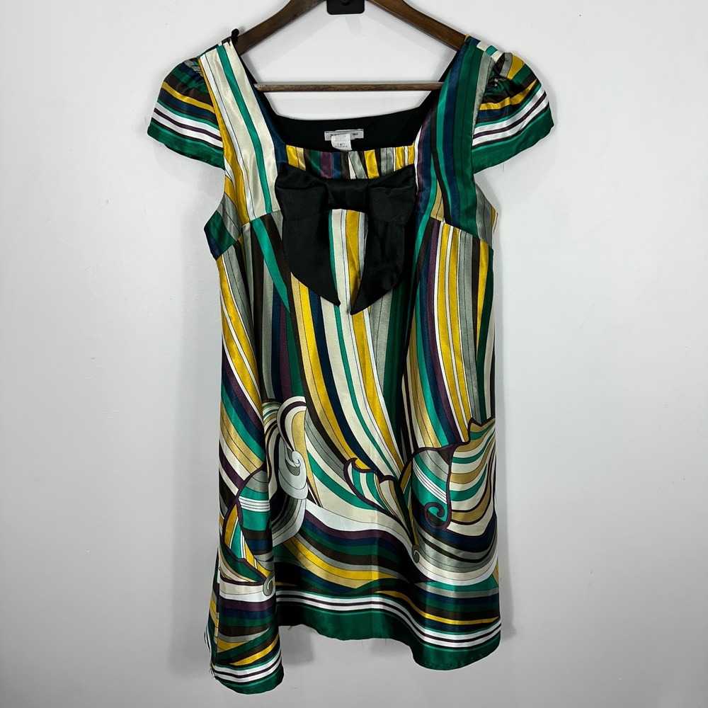 Hot & Delicious Mini Dress Womens Medium Green Yellow Bow Psychedelic Retro Y2K